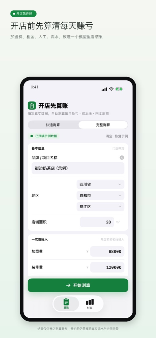 开店先算账每日盈亏测算界面