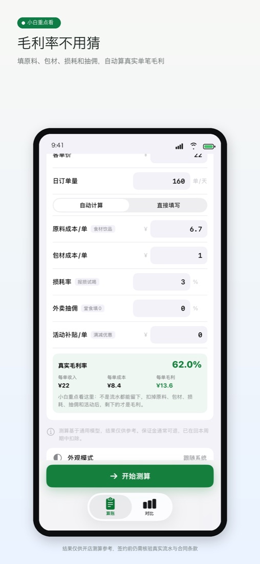 开店先算账毛利率测算界面